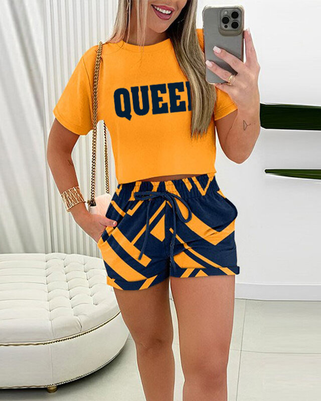Casual  Loose Short Sleeve Tshirt Shorts Set Office Lady Summer Fashion O-neck Letter Print Two Piece Set Women Outfit 2024