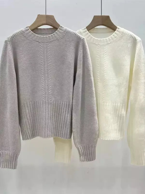 Kobiety solidny sweter 100% kaszmirowy Slim Fit jesień zima Vintage sweter z dzianiny z okrągłym dekoltem