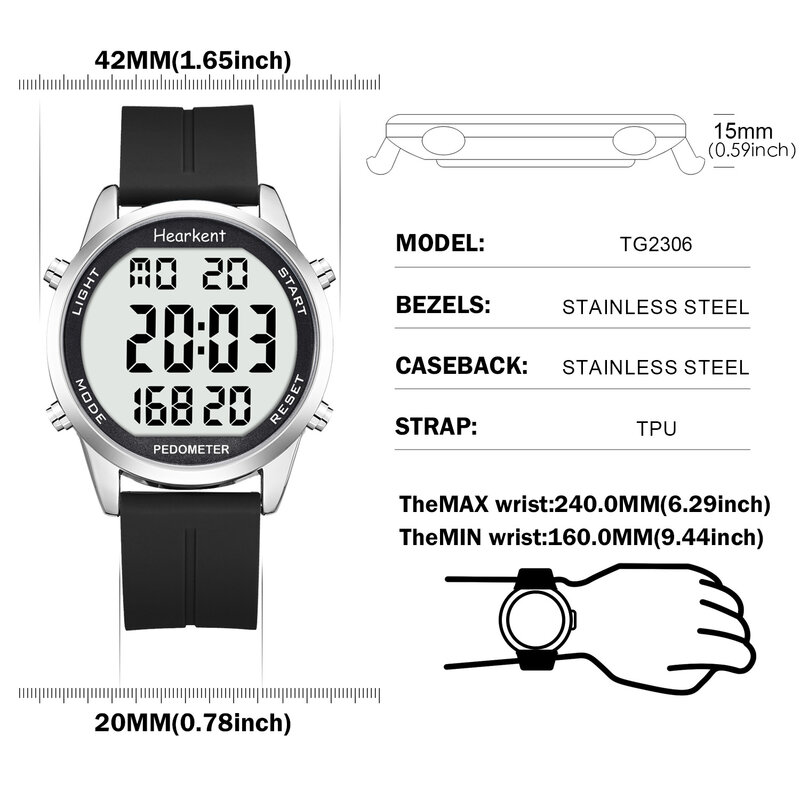 Hearkent pedometro orologio da uomo Digital Waterproof Sport Watches Step calorie Counter per Walking Tracker Back Light Display Reloj