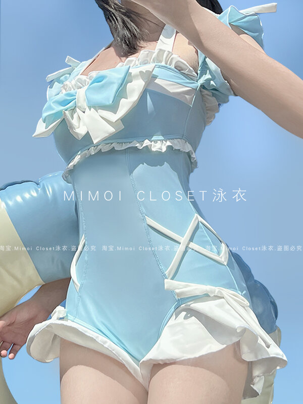 여성용 일본 스타일 로리타 활 소녀 목욕 세트, 귀여운 블루 플로운 스티칭 홀터 수영복, 2024 여름 신상