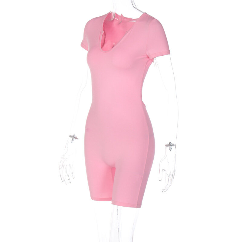 BKLD pakaian setelan lengan pendek wanita, Romper ramping punggung terbuka, warna merah muda leher V, pakaian musim panas untuk wanita 2023