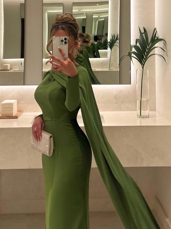 Jirocum Elegant Mermaid Green Evening Gown for Women Long Sleeve O Neck Party Prom Dress Floor Length Special Occasion Dresses