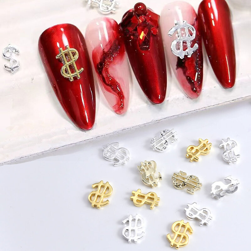 10 szt. Znak dolara amulety do zdobienia paznokci błyszczący diament ze stopu 3D 9*7cm w USA znak ozdoba do paznokci luksusowego Manicure akcesoria do majsterkowania