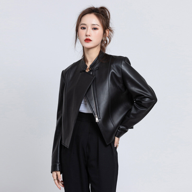 2023 Women's Leather Jacket Spring and Autumn Casual Short Zipper Chinese Style Vintage Buckle Slim Sheepskin Genuine Leather Ja