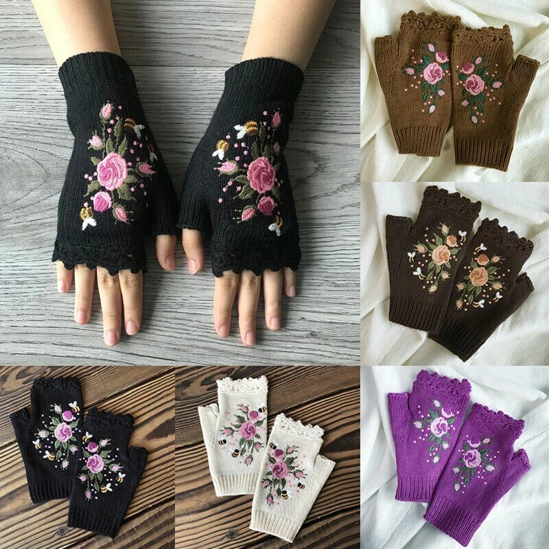 Gants brodés à la main pour femmes, mitaines chaudes, équation de fleurs, gants pour adultes, nouveau, automne, hiver