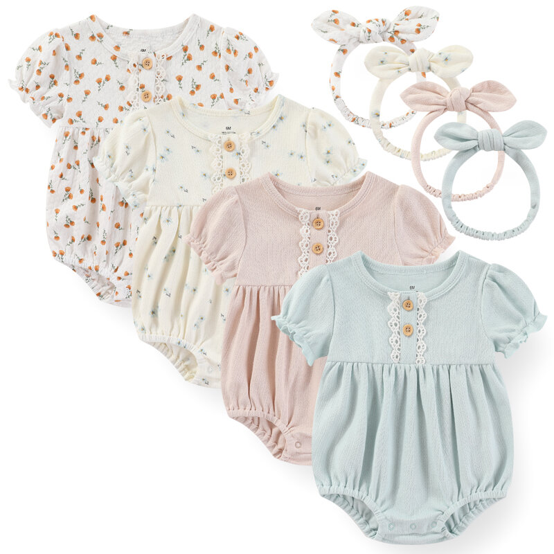 2 pieces Cotton Bodysuit +Headband 6-24M Newborn Baby Girl Clothes Sets Solid Color Baby Girl Jumpsuit Summer Short Sleeve Bebes