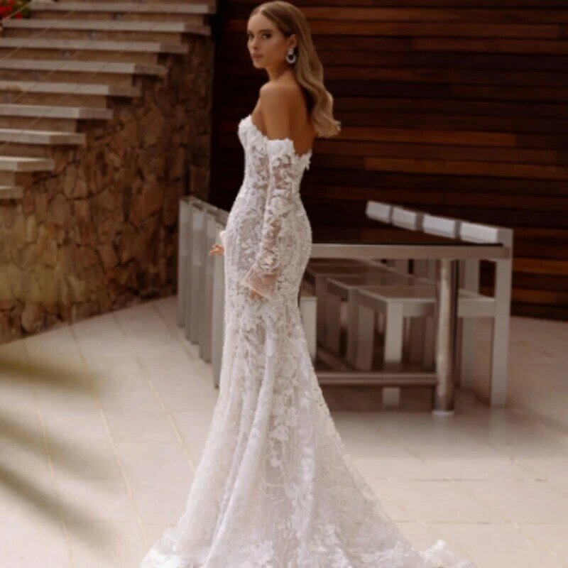 Elegancka suknia ślubna z odkrytymi ramionami błyszcząca wysadzane perłami suknia ślubna klasyczna suknia ślubna syrenka Vestido de novia