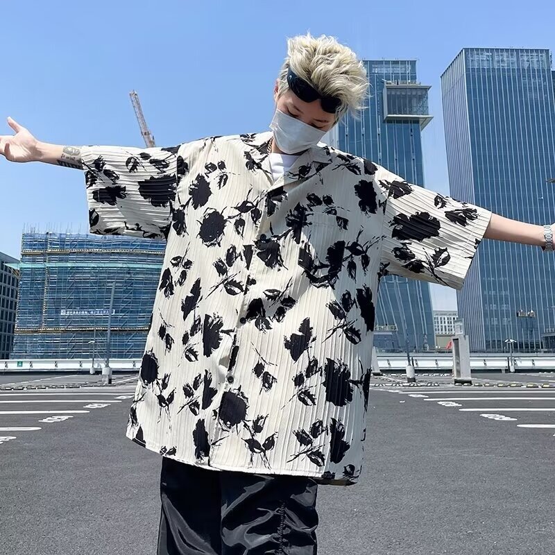 Camisa Pippy de rua alta masculina, jacquard de manga curta estilo coreano, Instagram, verão, casaco solto, 2021