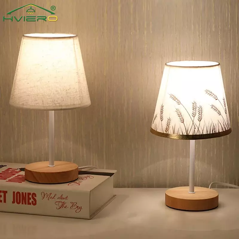 Massivholz Stoff nordischen dekorativen Tisch Schlafzimmer Nachttisch lampe einfache kreative Fernbedienung kleine Nachtlicht Energie einsparung LED