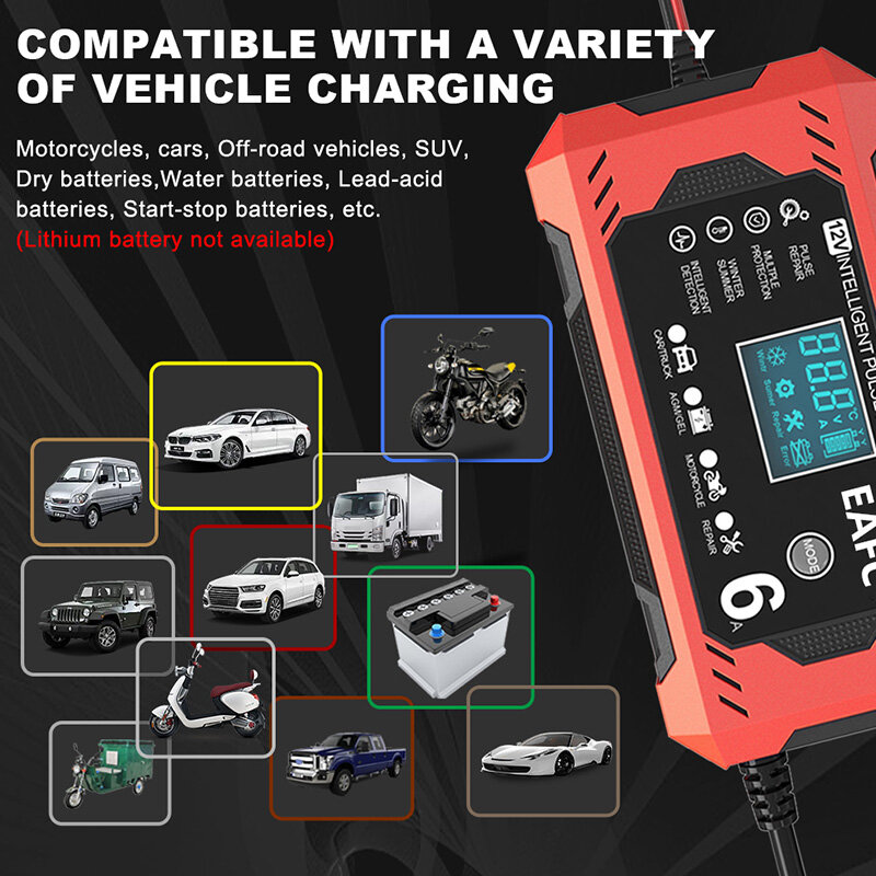 Chargeur de batterie de voiture Snap12 V, dispositif de charge de batterie de voiture et de moto, batterie au plomb, réparation intelligente, écran LCD