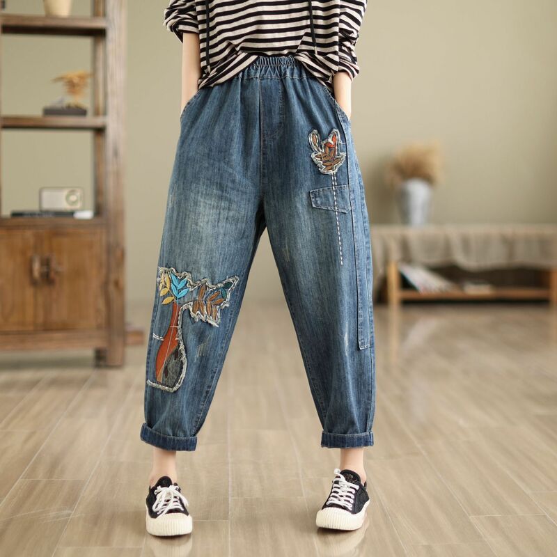 Aricaca donne di alta qualità M-XL Jeans larghi stampati ricamati con toppa retrò Jeans strappati a vita alta