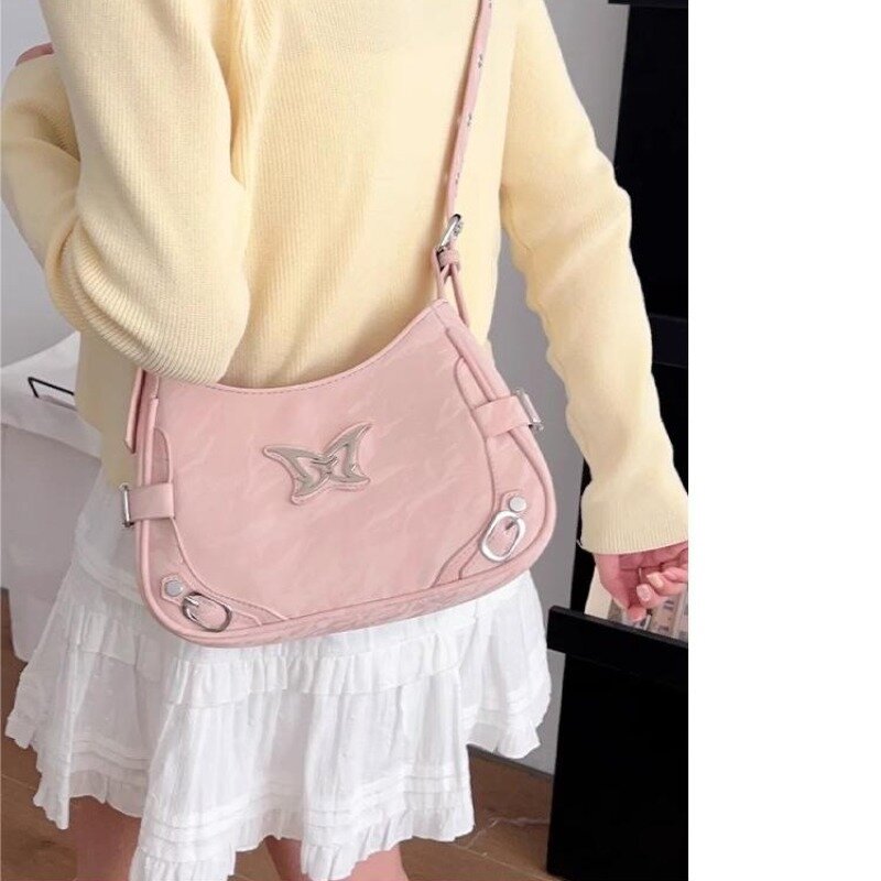 Xiuya Silber Y2K Damen Umhängetasche lässig ästhetisch literarisch koreanischen Stil Mode Handtasche Sommer Schmetterling Leder Achsel Tasche