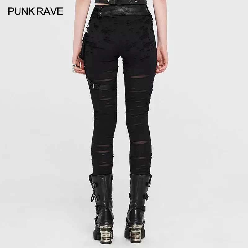 Punk rave pochete destacável para mulheres, cinta punk preta punk com buracos quebrados, legging steampunk na moda, calças de cintura alta