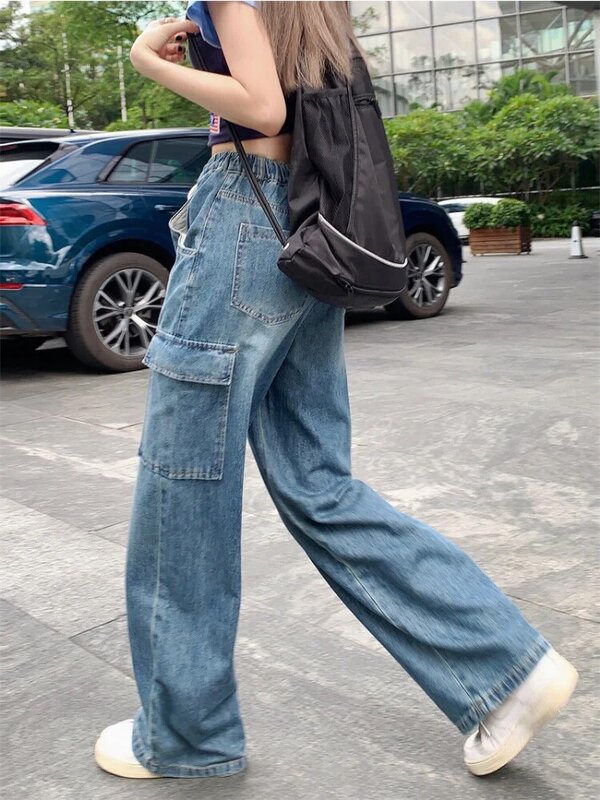 HOUZHOU Harajuku Y2K สายรัดกางเกงยีนส์ผู้หญิง Oversize Kpop Streetwear กางเกงย้อนยุคของผู้หญิงกระเป๋าเกาหลี