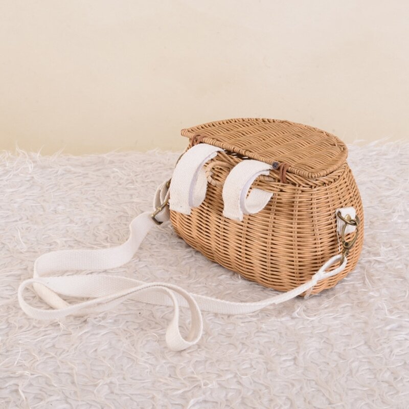 Портативная корзина из ротанга, сумка на плечо с длинным ремешком, плетеная детская сумка-мессенджер ручной работы для пикника, реквизит для фотосъемки