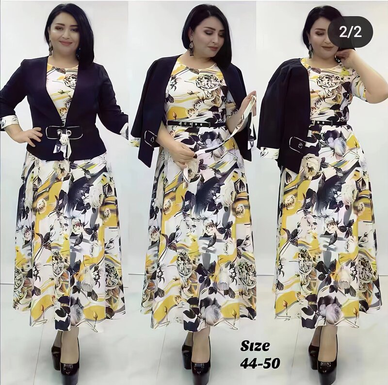 2023 Dashiki African Plus Size Dresses for Women 2XL-6XL Autumn Elegant Africa Short Sleeve Print Long Dress Maxi Dress + Coat