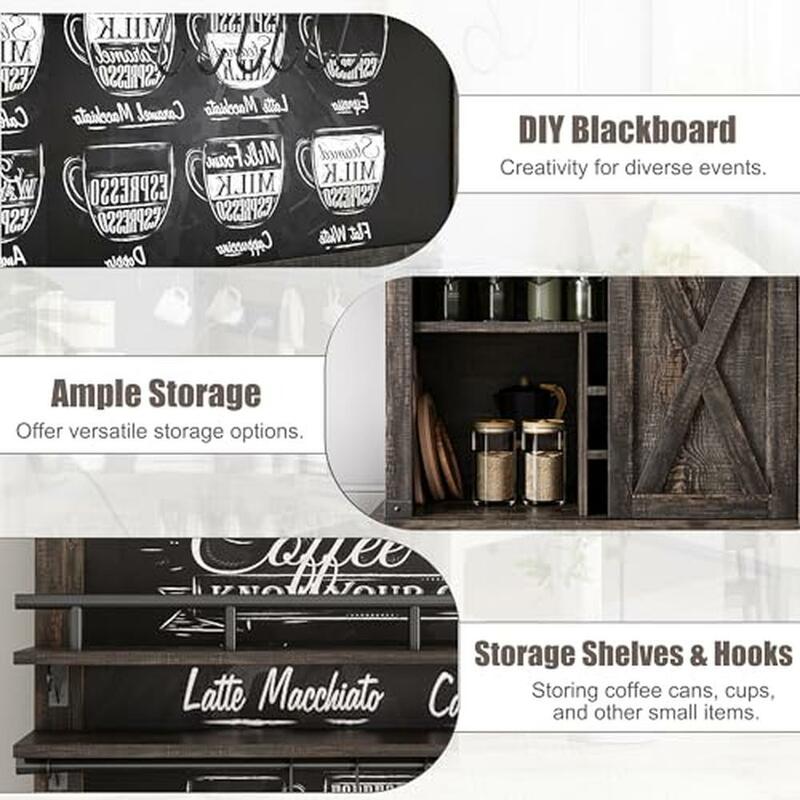 Farmhouse Coffee Bar Cabinet Sliding Barn Door Storage Buffet Sideboard Charm Blackboard DIY Distinctive Feature MDF Metal 75"