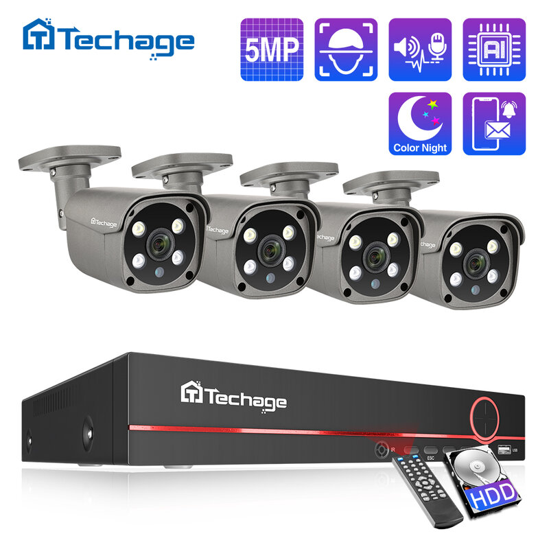 Techage H.265 8CH 5MP POE NVR Kit CCTV Sistema De Áudio Em Dois Sentidos AI Câmera IP IR Ao Ar Livre À Prova D' Água Vídeo Vigilância Set