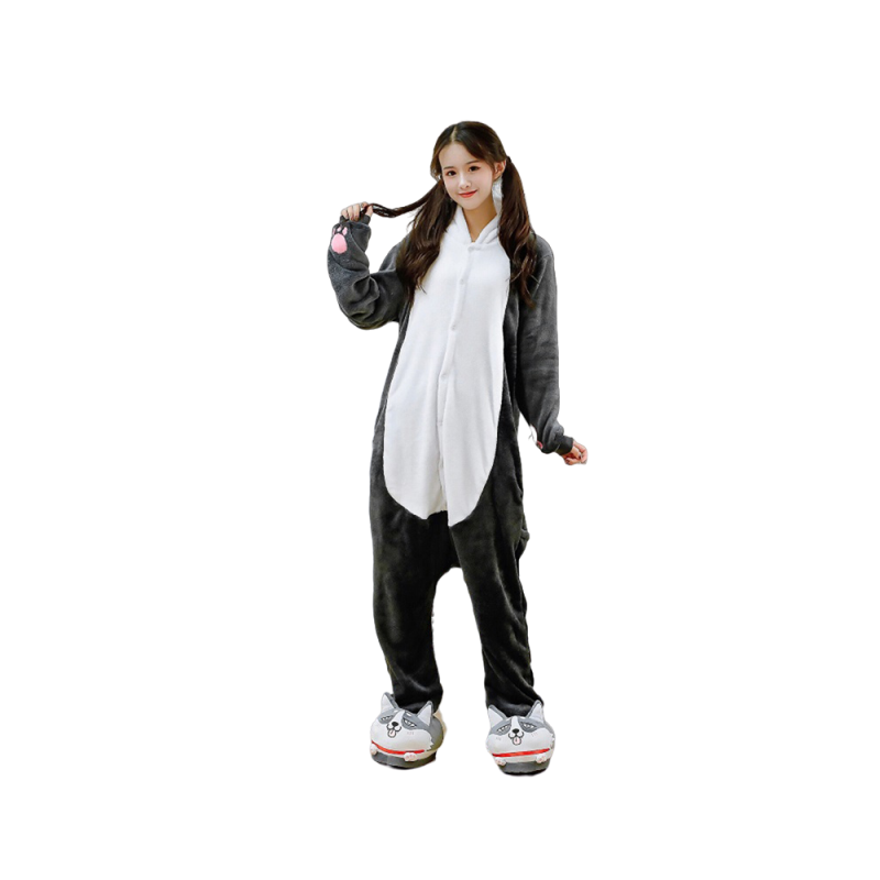 Dunkelgrauer Hund niedlich faszinierendes Tierbild Halloween Kostüm Kapuze Overall Pyjama Flanell warmes Zuhause tragen Damen bekleidung
