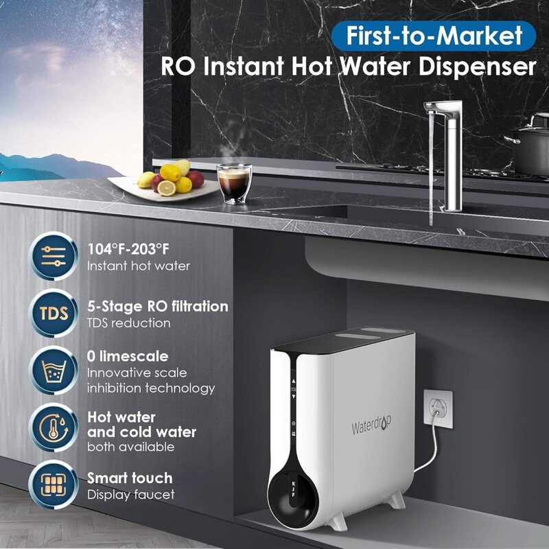 Reverse Osmosis System, Instant Hot Water Dispenser, 600 GPD, Reduce PFAS, Tankless, 2:1 Pure to Drain