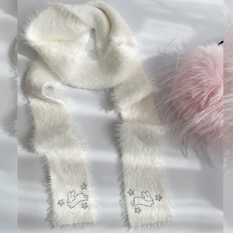 ผ้าพันคอกระต่ายติดเพชรเกาหลีผ้าพันคอผู้หญิงแบบน่ารัก Y2K ฤดูหนาวผ้าพันคออบอุ่นโลลิต้าแบบกอธิคดีไซน์ดั้งเดิม JK ของขวัญปีใหม่