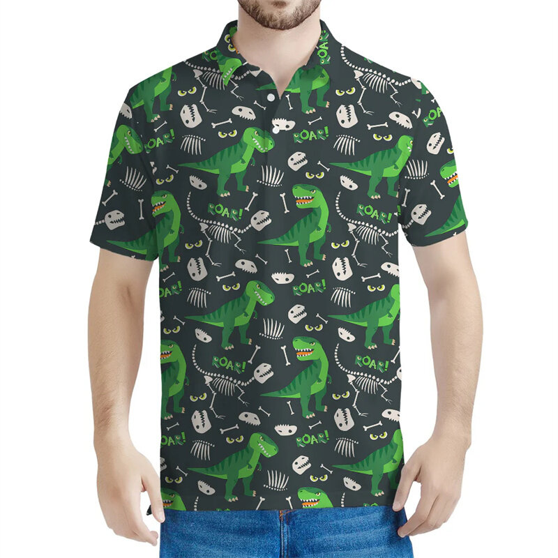 Camisa polo de dinossauro masculina impressa em 3D, camiseta de lapela animal, camisa polo de botão solto casual de mangas curtas para crianças, verão