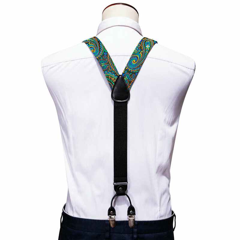 Fashion Paisley Green Silk Men Suspender Bowtie Handkerchief Cufflinks Set Y-Shape 6 Clips Party Wedding Business Barry.Wang