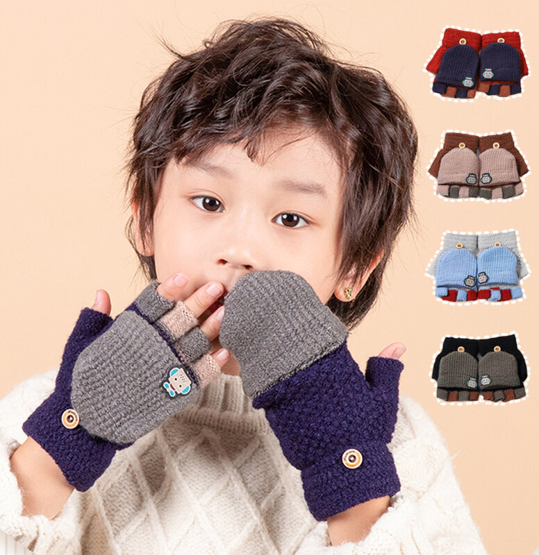 5〜12歳の子供用の暖かい冬用手袋,男の子と女の子用の伸縮性のあるニットミトン,パッチワーク,指なし,冬用