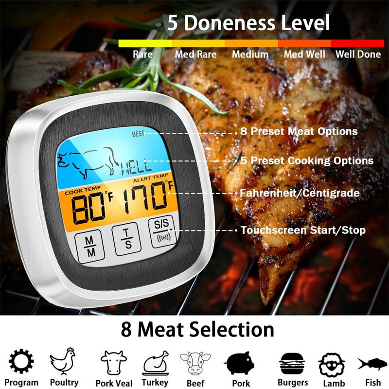 Digitale keuken Thermometer Probe Touch Screen Vlees Barbecue Voedsel Temperatuur Meet Tool Steak BBQ Timer Kookgereedschap 1PC