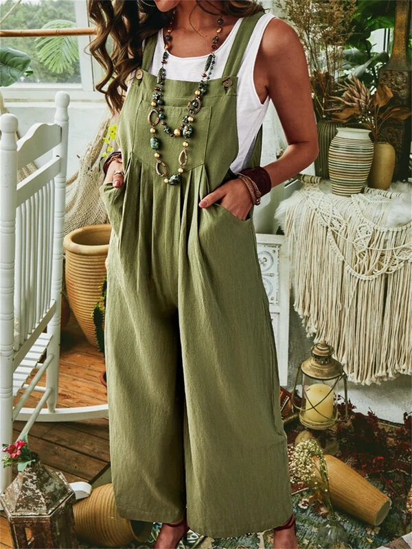 Macacão de algodão grosso de linho feminino, bolso sem mangas, perna larga, botão lateral, monocromático, streetwear casual, 2023