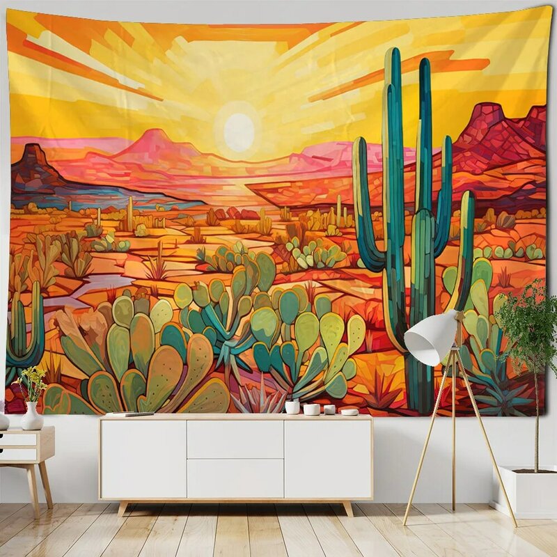 Cartoon Pflanze Blume Tapisserie Kaktus Sonnenaufgang Landschaft Wandbehang Schlafzimmer Schlafsaal Dekoration Kawaii ästhetische Wand dekoration
