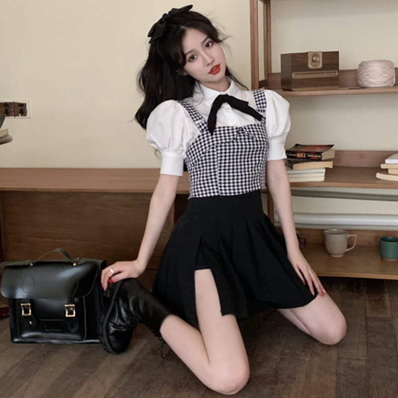 Shirts Sets Women Fashion New Skirts Puff Sleeve Korean Style Students Plaid Vest Slim Summer Simple Design Streetwear Casual