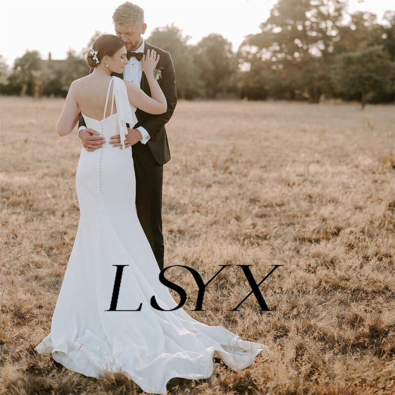 LSYX-vestido de noiva sereia sem mangas para mulheres, simples, crepe, zíper, botão traseiro, até o chão, vestido de noiva