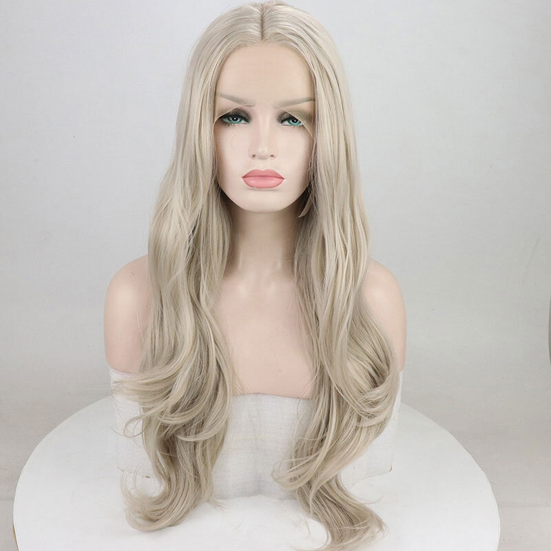 Platynowo-szaro-naturalne fale syntetyczne koronkowe peruki z przodu bez kleju włókno termoodporne włosy na środku dla modnych kobiet