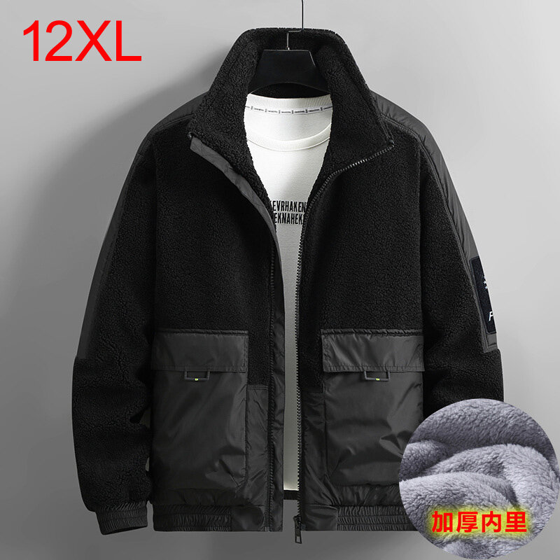 170kg Autumn Winter Large Men Fashion Standing Collar Fleece Coat with Plus Pocket Cotton Coat Jackets 12XL