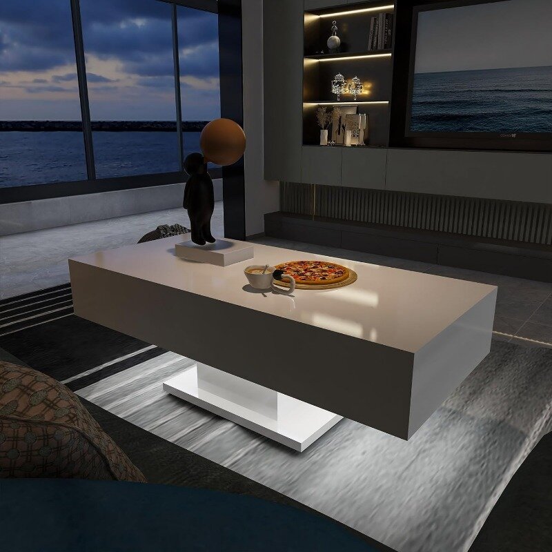 Meja kopi Gloss tinggi, lampu RGB dengan lampu LED, Meja pusat Modern untuk ruang tamu