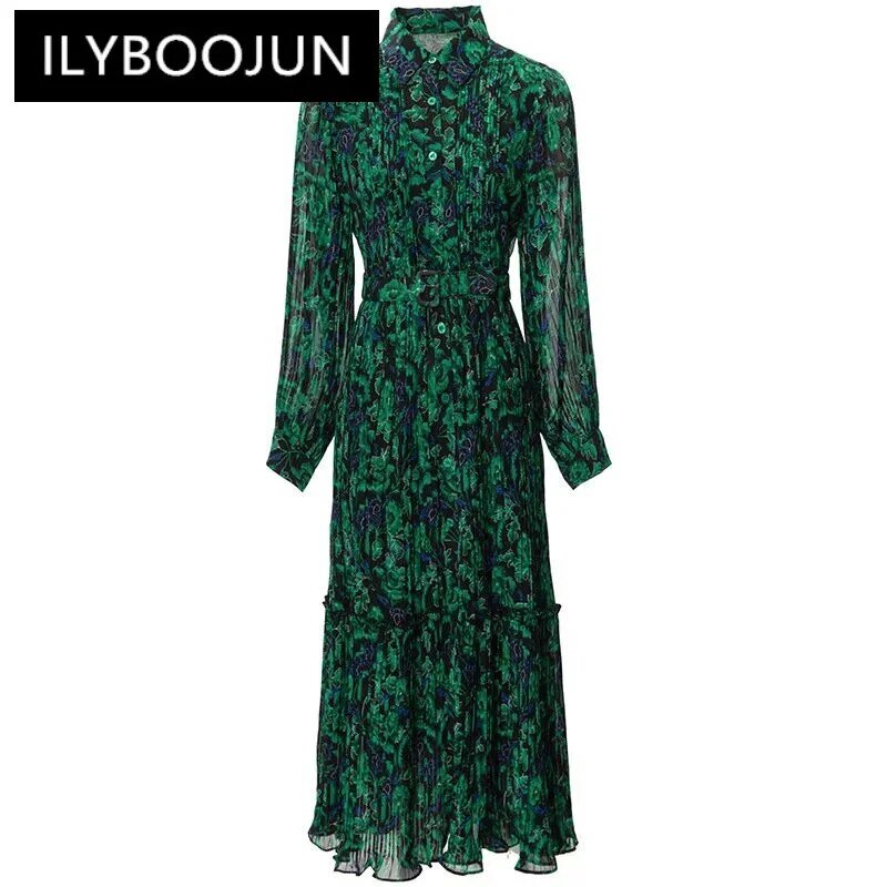Ilyboojun-女性用シングルブレストプリーツミディスドレス,折り返し襟,長袖,プリント,オフィスウェア,レディースファッション