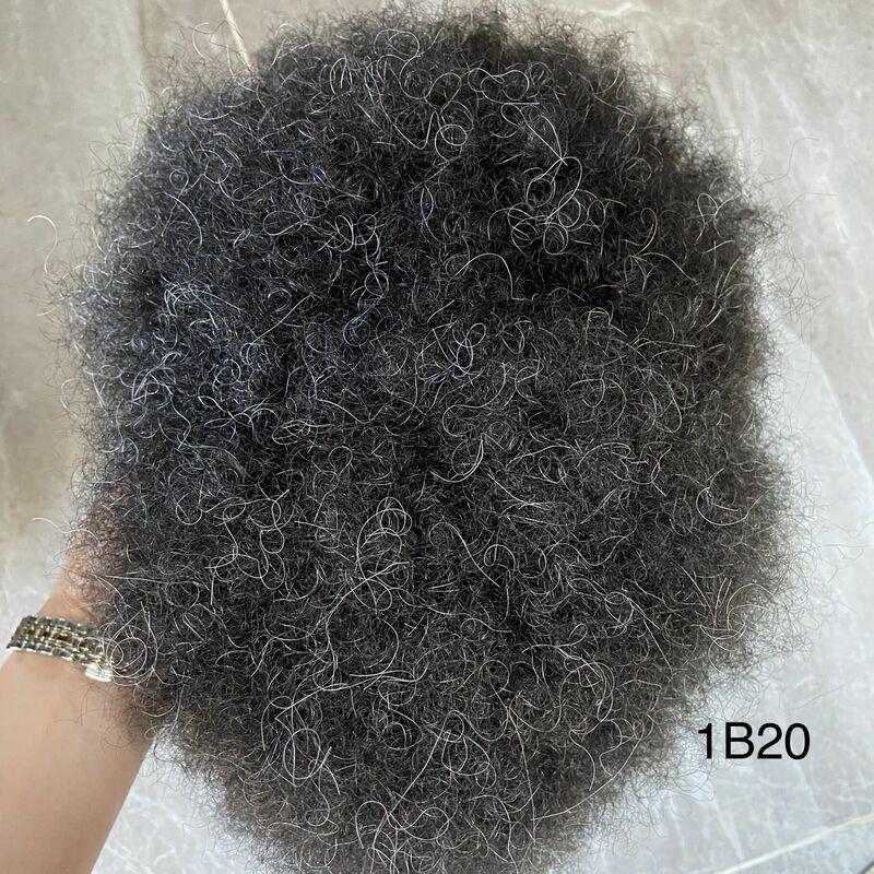 Super Durable Skin Base 6mm Afro Curly Toupee for African American Human Hair Mixed Grey Replacement Mens Capillary Prosthesis