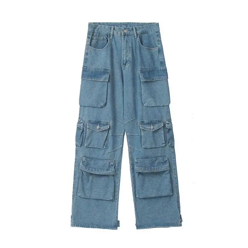 Retro high street calças de carga multi-bolso azul lavado y2k moda cintura alta jeans casal harajuku simples casual calças de perna larga