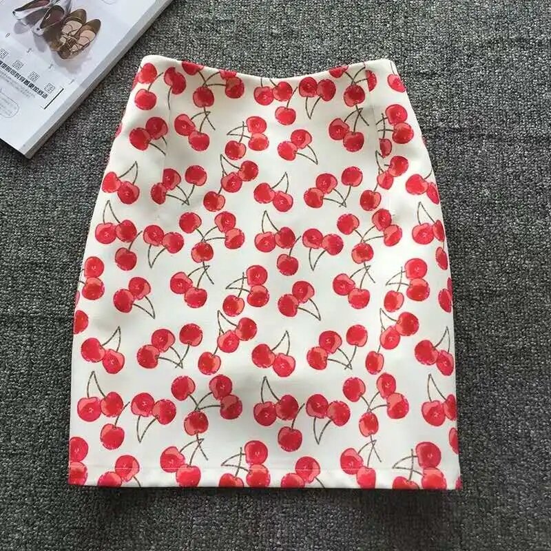 Falda corta de cerezas rojas para Mujer, minifalda elástica de cintura alta, a la cadera, combina con todo, Moda 2022