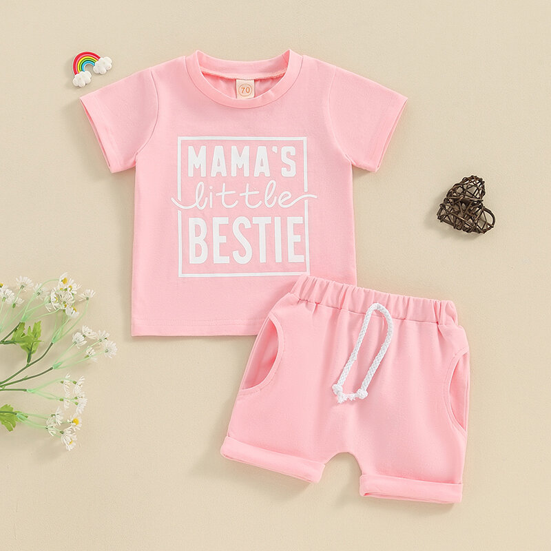Toddler Baby Girls Summer Outfit Letter Print Crew Neck Short Sleeve T-Shirts Tops and Shorts 2Pcs Clothes Set