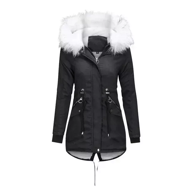 2023 New Winter Vintage Women Hooded Cotton Jackets Plus Velvet Fur Collar Warm Parkas Coat Mid-length Loose Outwear