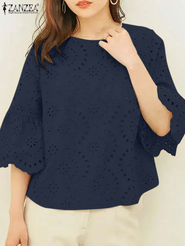 ZANZEA 2024 Summer Everyday Blouse Loose Hollow Out Elegant Lace Patchwork Tops Solid Color 3/4 Ruffle Sleeve Casual Women Blusa