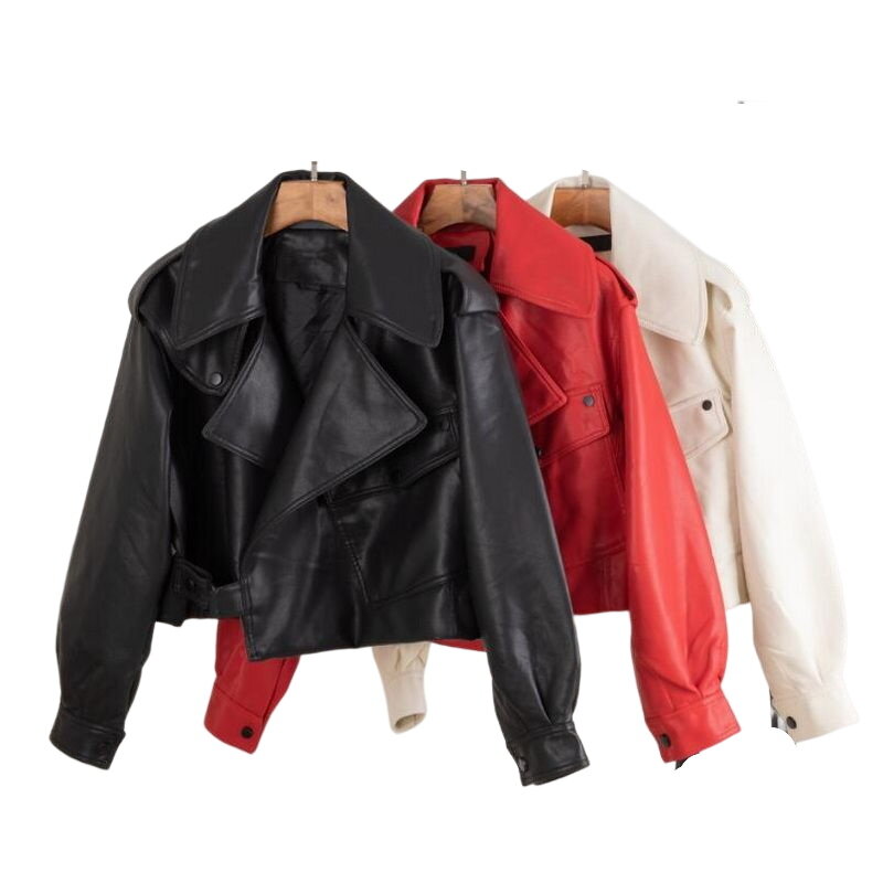 女性のための短い革のジャケット,大きなラペル付きのルーズなレザーレットジャケット,赤いオートバイのアウター,秋と冬