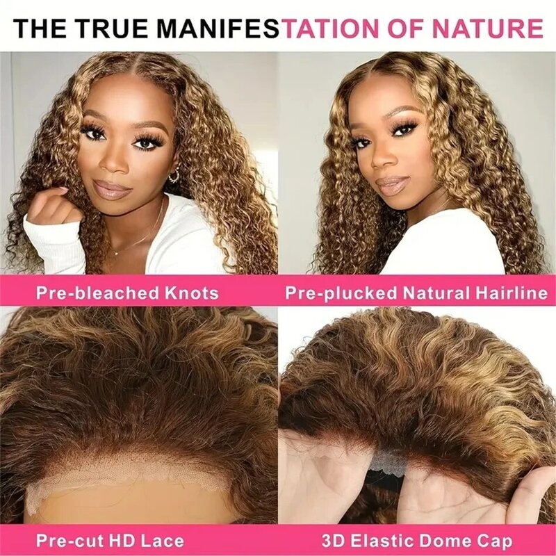 Wear And Go Glueless Water Wave Highlight Colored 5x5 HD Transparent Lace Closure Wig Human Hair Wet And Wavy Curly Pre  Plucked