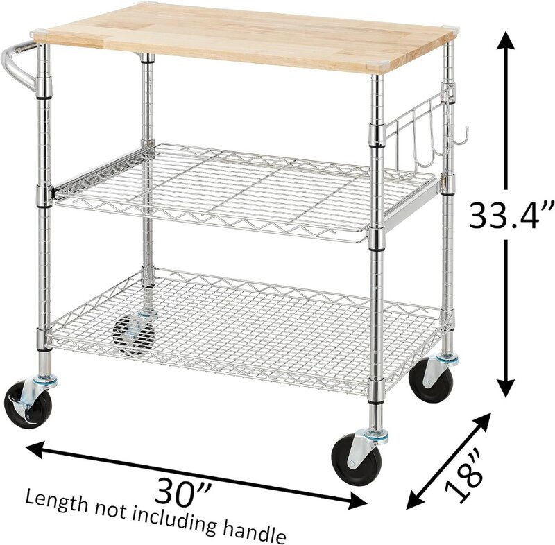 Finnhomy 3-Tier Rolling Kitchen Cart with 18" D x 30" W Oak Wood Tabletop, Kitchen Island Cart with 4" Wheels and Slider Shelf