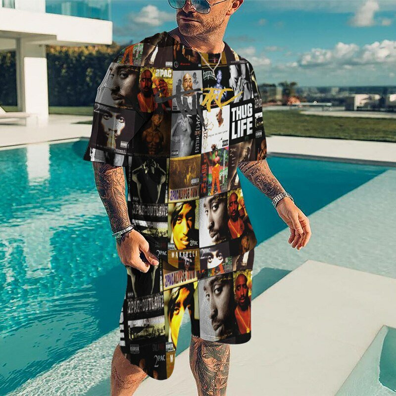 Chándal de moda para hombre, camiseta de manga corta con estampado de costuras, cuello redondo, ropa de calle de viaje, novedad de verano, 2023