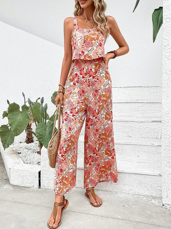 Elegant Long Jumpsuit Women Sexy Backless Wide Leg Jumpsuits Casual Sleeveless Floral Rompers Summer Clothes For Woman 2024 New