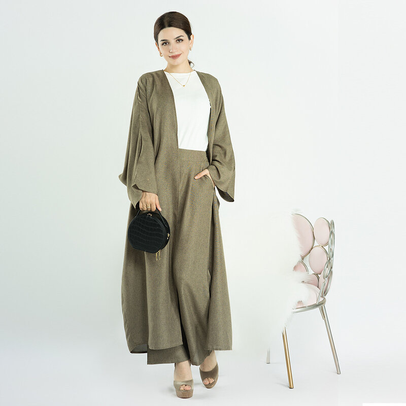 2023 Dubai Türkiye Casual Solid Casual Suit Turkish Tunic Kimono Femme Musulmane Muslim Set Coat and Pants Two Piece Sets