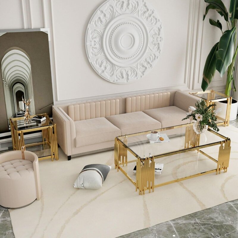 (Frühlings verkauf) Couch tisch, moderner Wohnzimmer tisch, goldene Beine, 51 Zoll rechteckiger Couch tisch aus klarem gehärtetem Glas